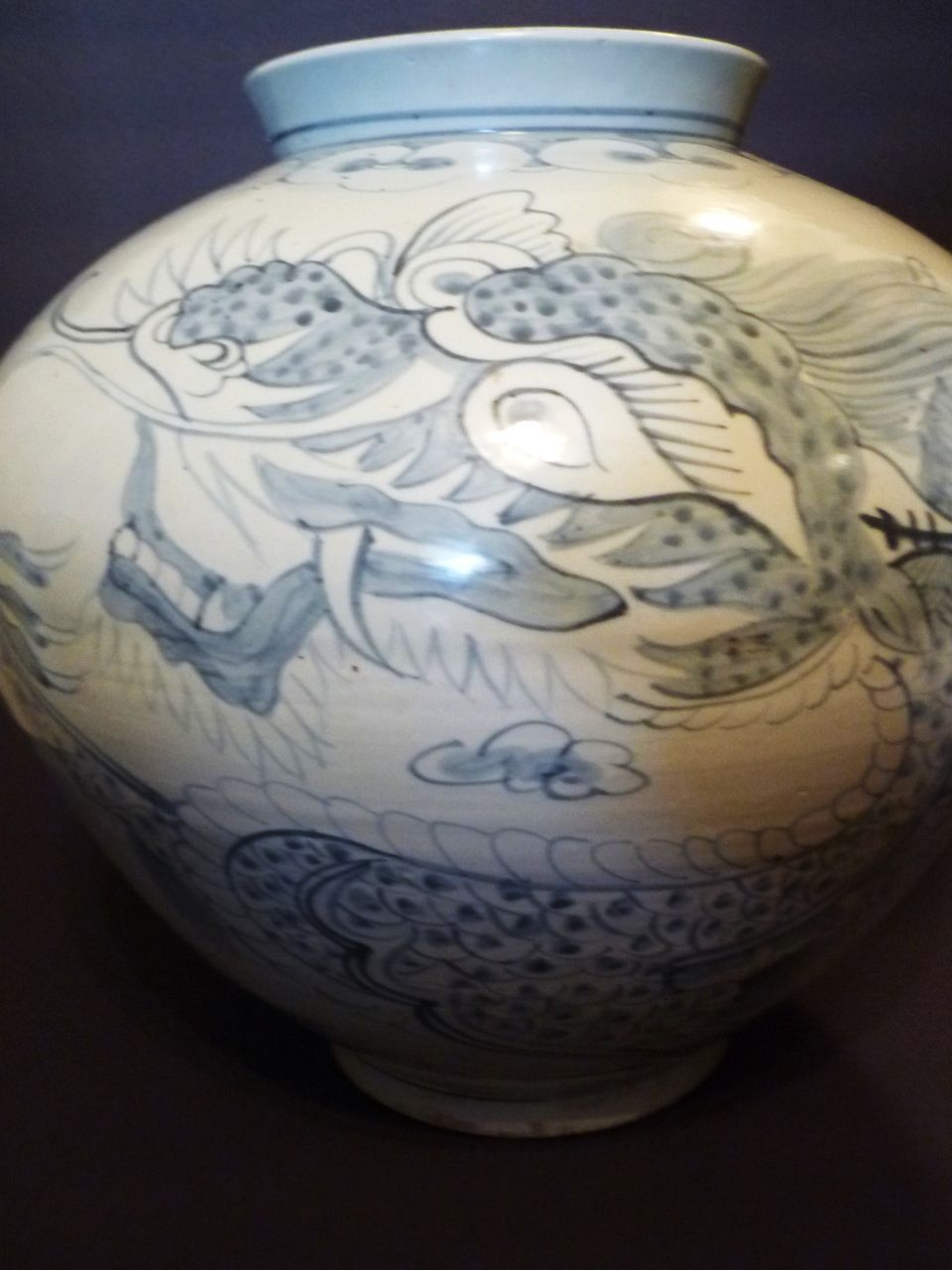 Chinese Large Dragon Vase, Blue & White, 16" Wide Chinese Large Dragon Vase, Blue & White, 16" Wide