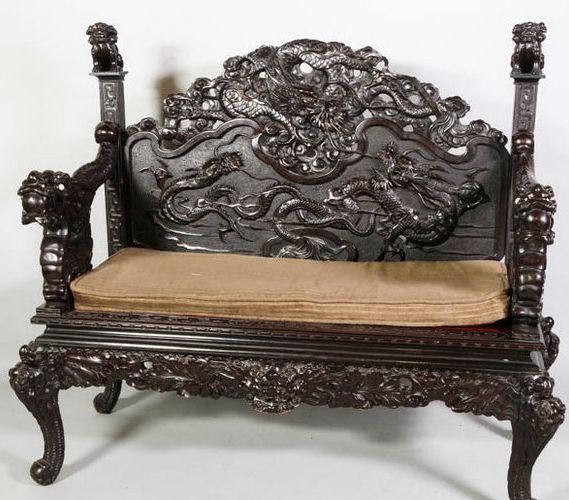 Chinese Carved Dragon Bench with Foo Dogs, Qing Dynasty Chinese Carved Dragon Bench with Foo Dogs, Qing Dynasty