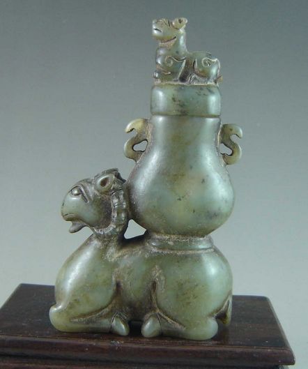 Chinese Green Jade Ram & Dragon Vase, Ming Dynasty Chinese Green Jade Ram & Dragon Vase, Ming Dynasty