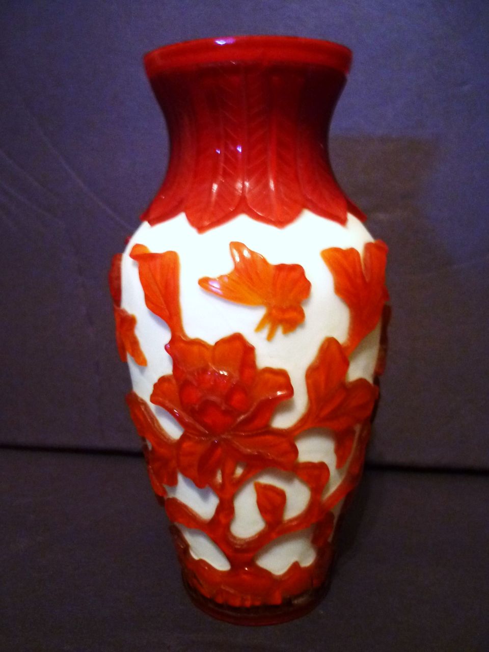 Chinese Peking Glass Vase, Butterflies & Blossoms Chinese Peking Glass Vase, Butterflies & Blossoms