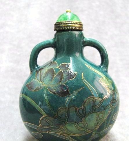 Chinese Porcelain Snuff Bottle, Lotus Blossoms & Dragonfly, Signed Chinese Porcelain Snuff Bottle, Lotus Blossoms & Dragonfly, Signed