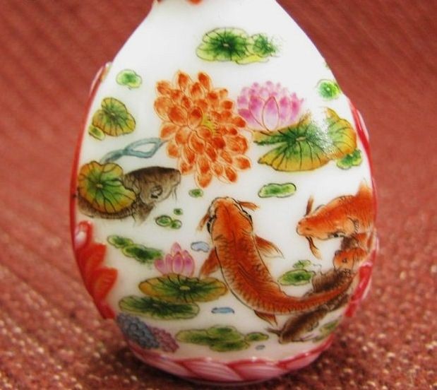 Chinese Peking Glass Snuff Bottle, Five Fish & Lotus Blossoms, Signed Chinese Peking Glass Snuff Bottle, Five Fish & Lotus Blossoms, Signed
