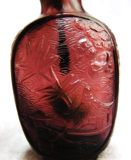 Chinese Carved Peking Glass Snuff Bottle, Lake Scene & Trees Chinese Carved Peking Glass Snuff Bottle, Lake Scene & Trees