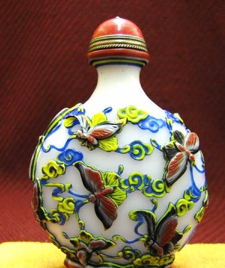 Chinese Carved Peking Glass Snuff Bottle, Infinite Happiness, Signed Chinese Carved Peking Glass Snuff Bottle, Infinite Happiness, Signed