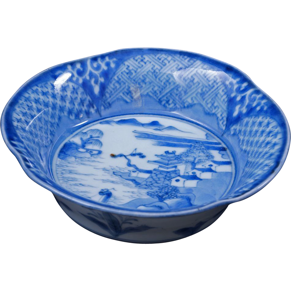 Small Japanese blue and white Imari bowl with castle and ocean design from bearraven on Ruby Lane