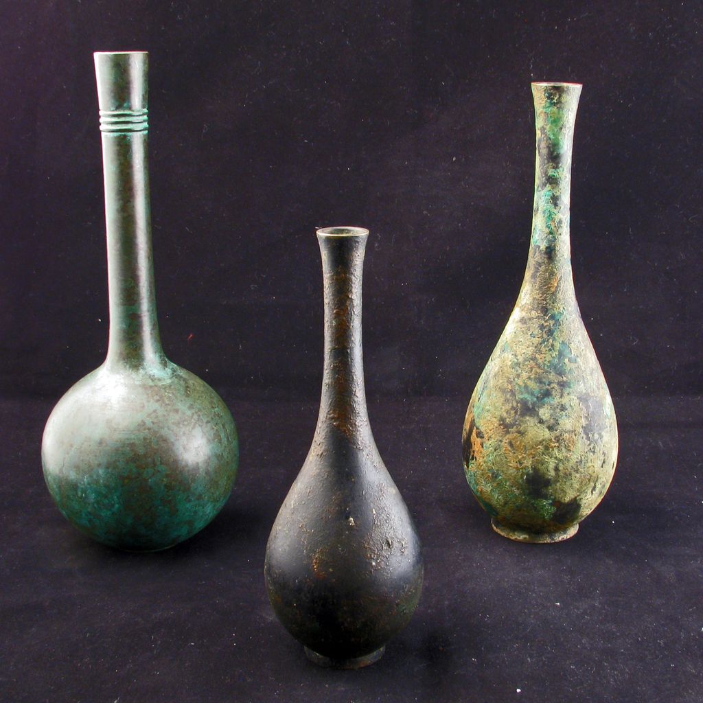 Set of 3 Patinated Japanese Bronze Bottle Form Vases Early 20th from