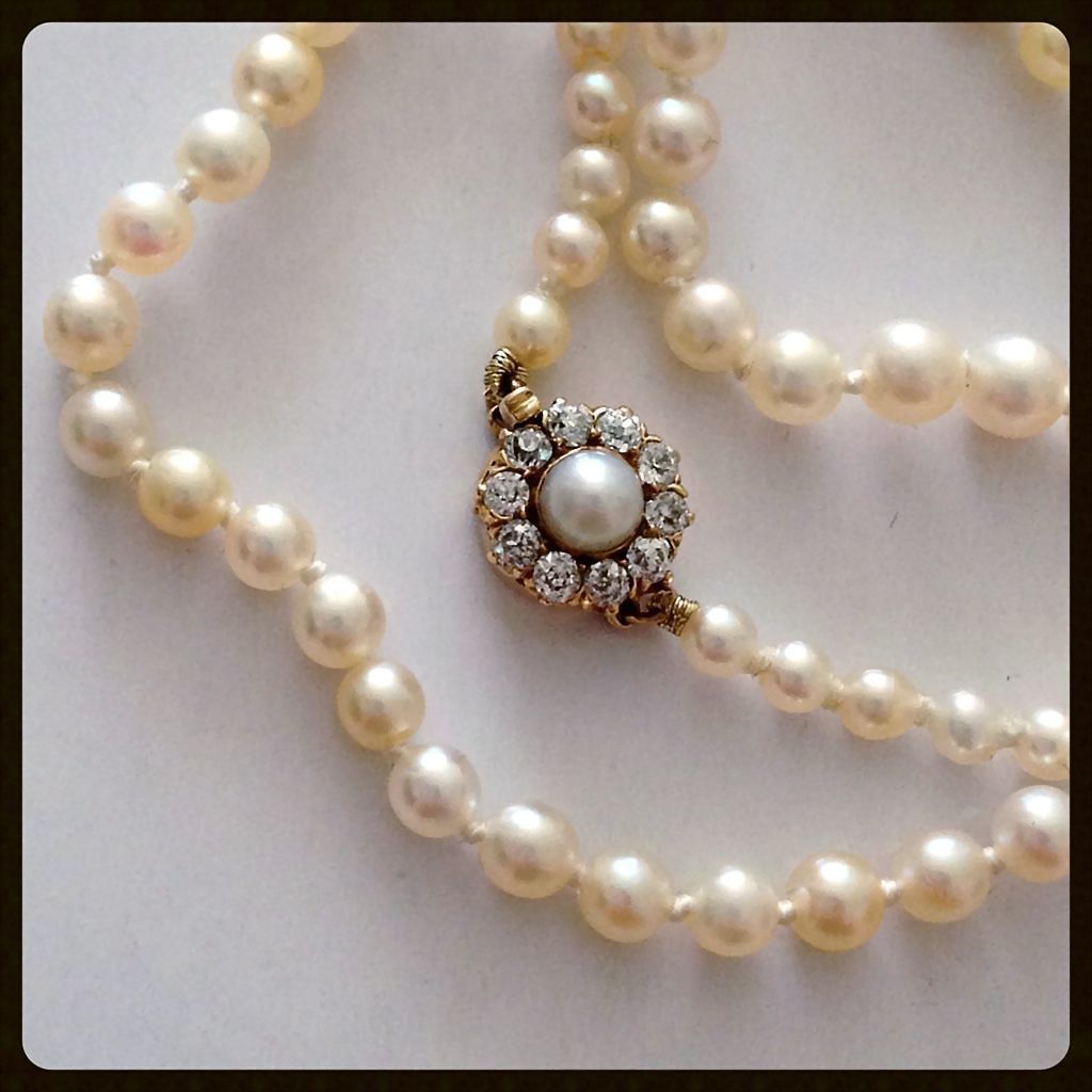 Vintage Cultured Pearl .30CT Diamond Clasp 14K Necklace Strand from