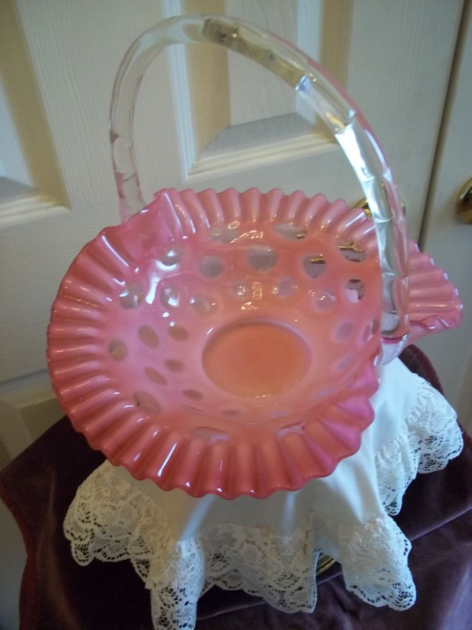 Fenton Cranberry Coin Dot Glass w/ Ruffled Edge Basket Fenton Cranberry Coin Dot Glass w/ Ruffled Edge Basket