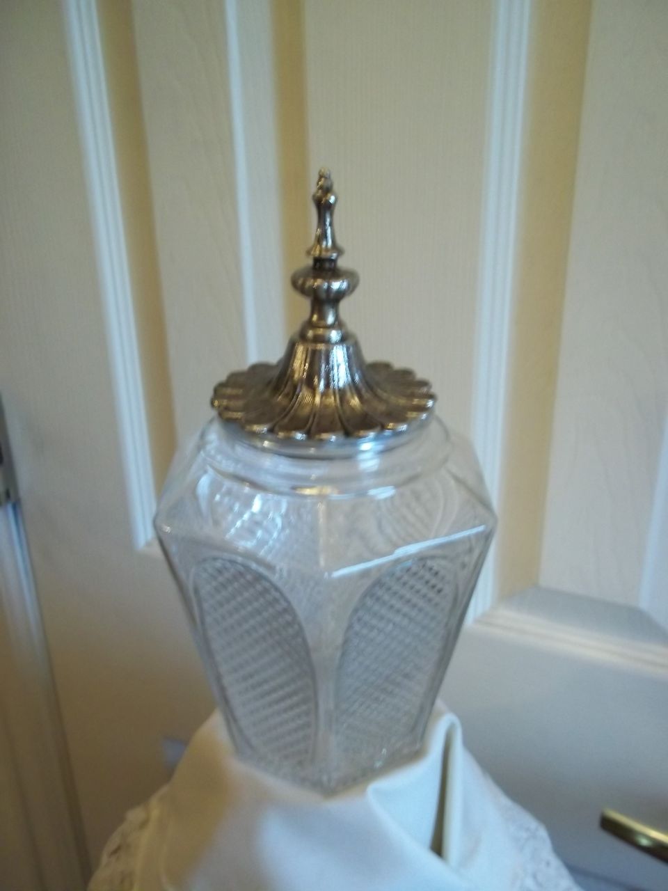 Vintage Glass Jar w/ Ornate Steel Lid Vintage Glass Jar w/ Ornate Steel Lid