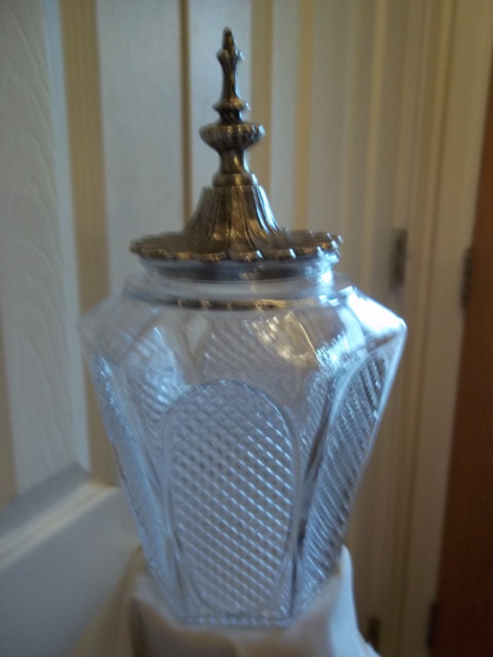 Vintage Glass Jar w/ Ornate Steel Lid Vintage Glass Jar w/ Ornate Steel Lid