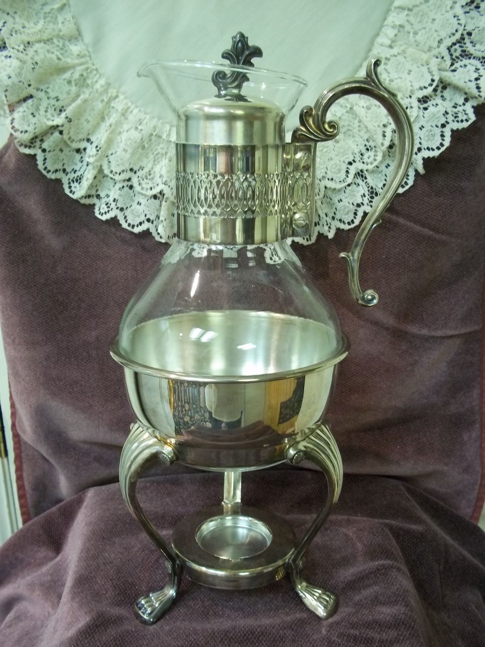 Vintage Eton Silver Plate and Crystal Glass Coffee Carafe With Warming Stand Vintage Eton Silver Plate and Crystal Glass Coffee Carafe With Warming Stand