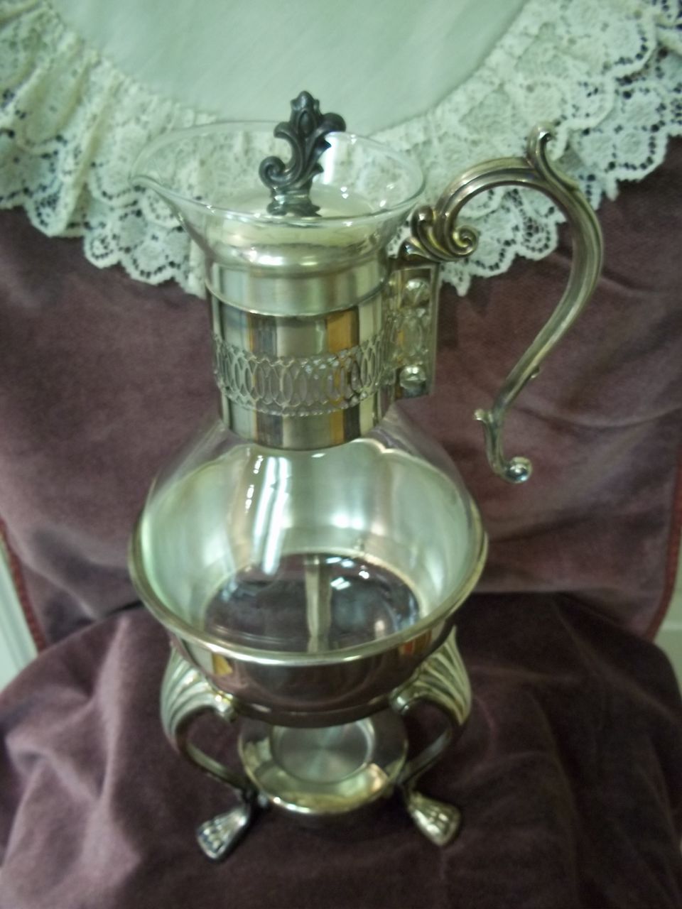 Vintage Eton Silver Plate and Crystal Glass Coffee Carafe With Warming Stand Vintage Eton Silver Plate and Crystal Glass Coffee Carafe With Warming Stand
