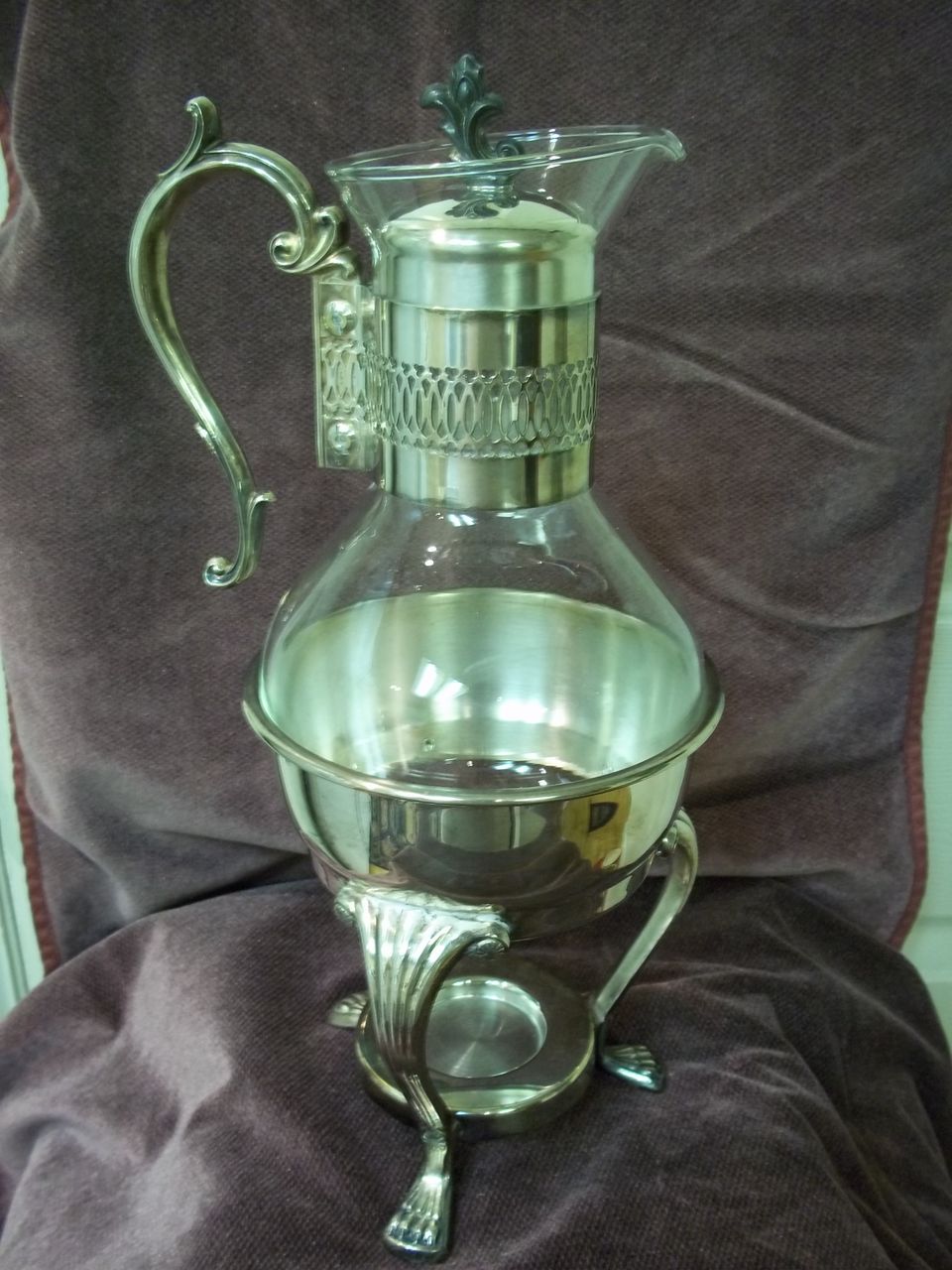 Vintage Eton Silver Plate and Crystal Glass Coffee Carafe With Warming Stand Vintage Eton Silver Plate and Crystal Glass Coffee Carafe With Warming Stand
