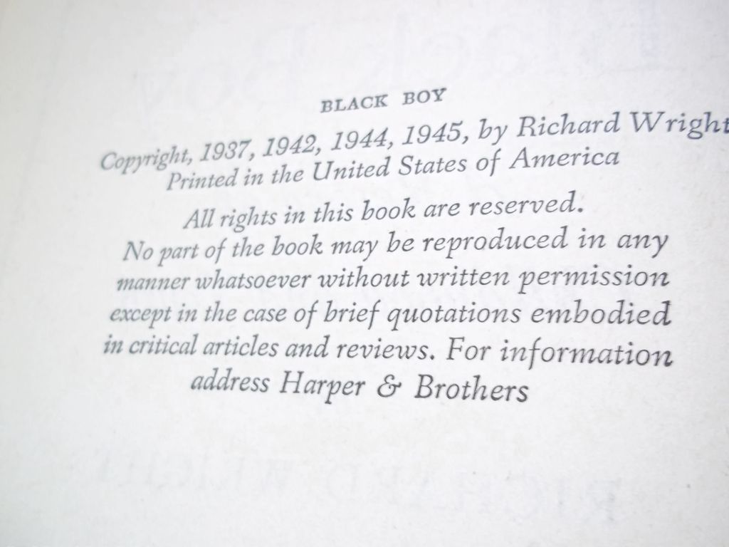 Black Boy, Richard Wright, Harper & Bros. 1945 Black Boy, Richard Wright, Harper & Bros. 1945