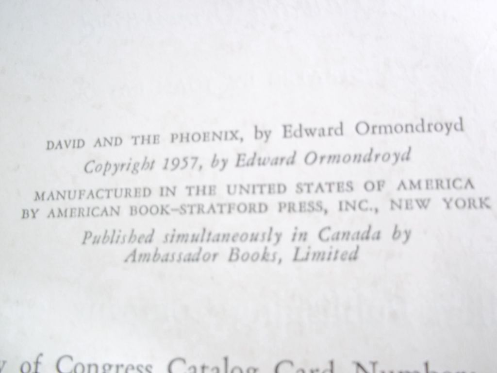 David and the Phoenix, Edward Ormondroyd, Follet Publishing Co. 1958: Weekly Reader Children's Book Club David and the Phoenix, Edward Ormondroyd, Follet Publishing Co. 1958: Weekly Reader Children's Book Club