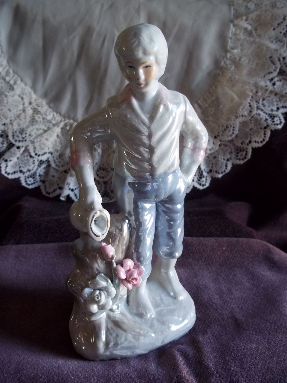 Mother of Pearl Style Boy Watering Flowers Mother of Pearl Style Boy Watering Flowers