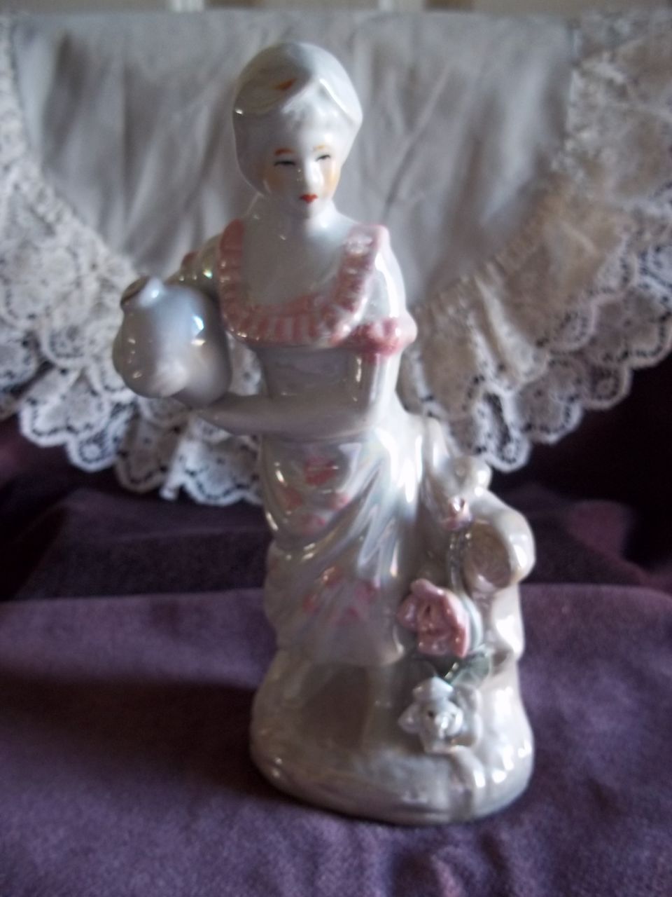 Mother of Pearl Style Girl Watering Flowers Mother of Pearl Style Girl Watering Flowers