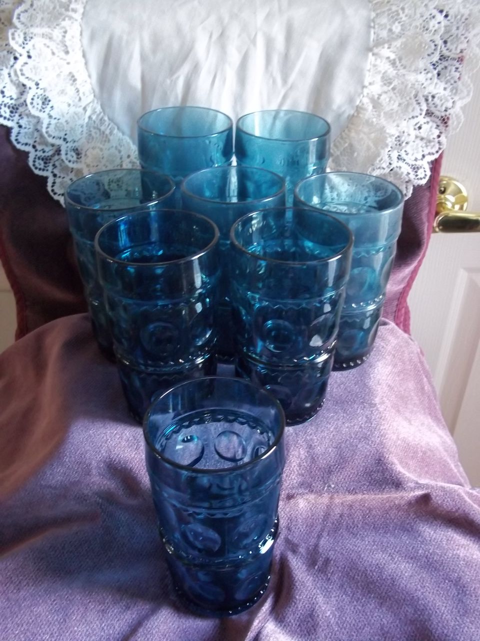 Set of 8 Kings Crown/Thumbprint Blue Glass Water Goblets by Indiana/Colony Glass Co. Set of 8 Kings Crown/Thumbprint Blue Glass Water Goblets by Indiana/Colony Glass Co.