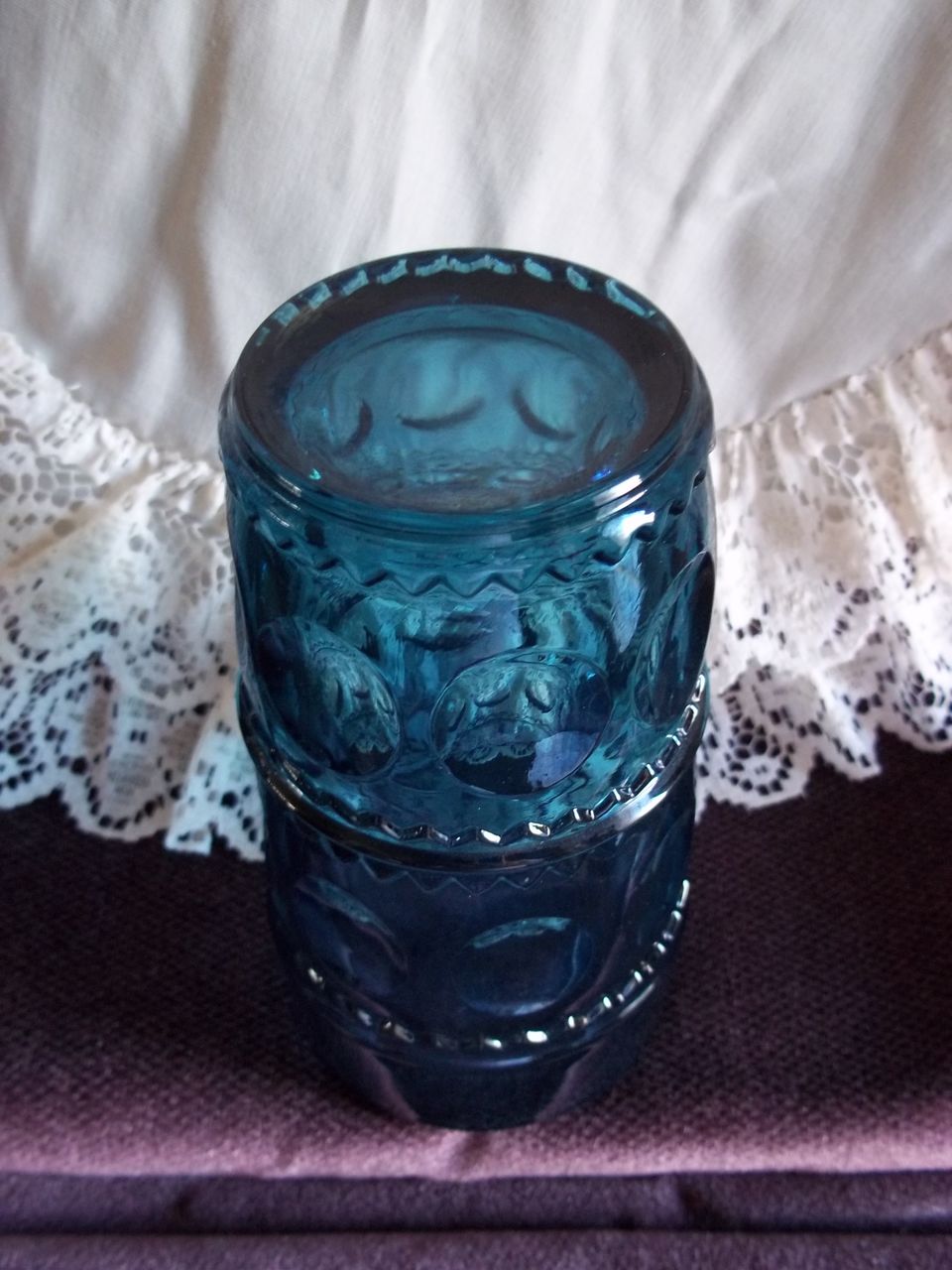 Set of 8 Kings Crown/Thumbprint Blue Glass Water Goblets by Indiana/Colony Glass Co. Set of 8 Kings Crown/Thumbprint Blue Glass Water Goblets by Indiana/Colony Glass Co.
