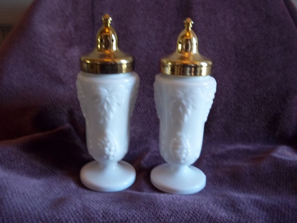 Milk Glass and Gold Tone Salt and Pepper Shakers Milk Glass and Gold Tone Salt and Pepper Shakers