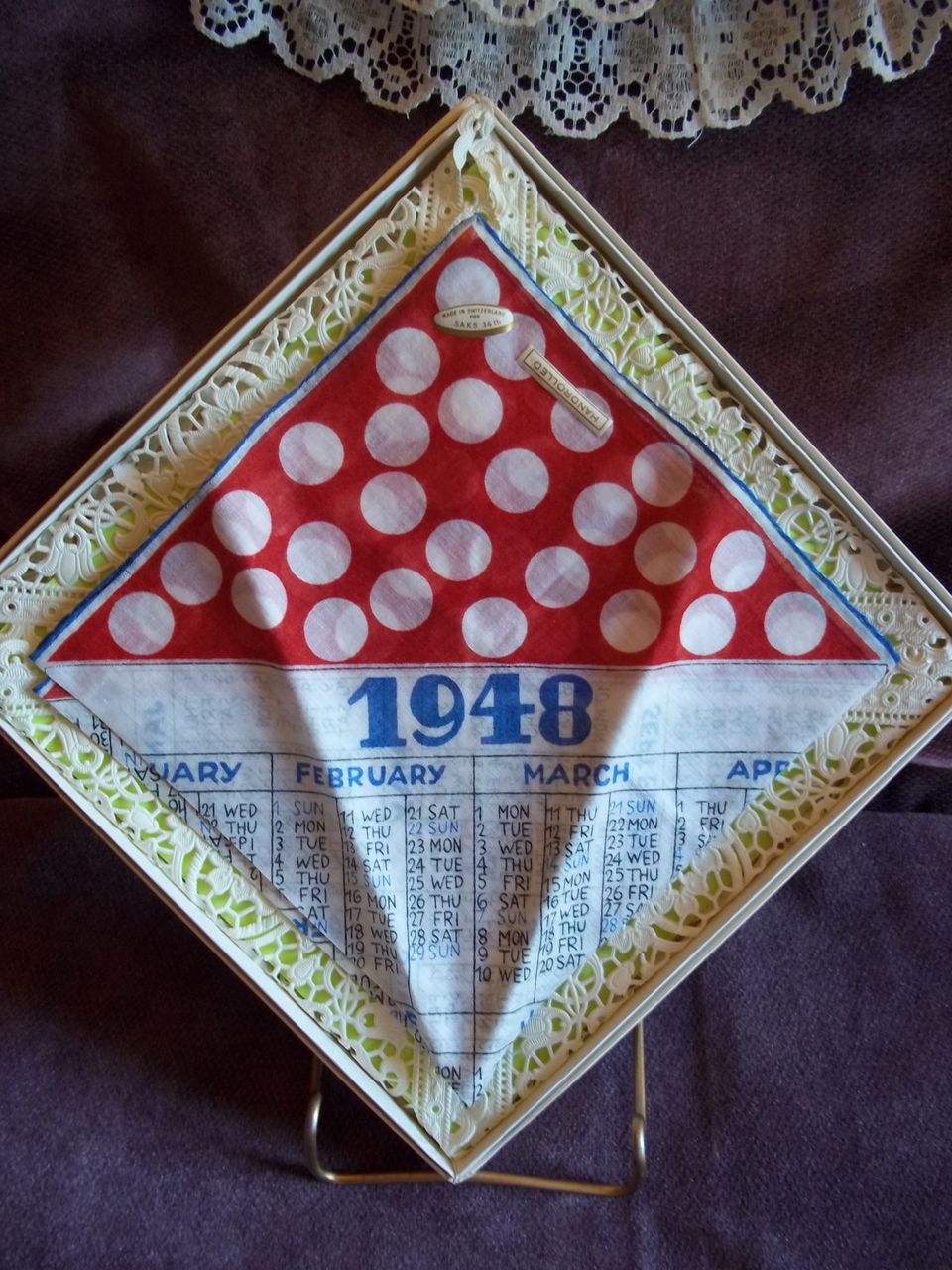 Vintage Handrolled 1948 Calender Handkerchief / Hankie Vintage Handrolled 1948 Calender Handkerchief / Hankie