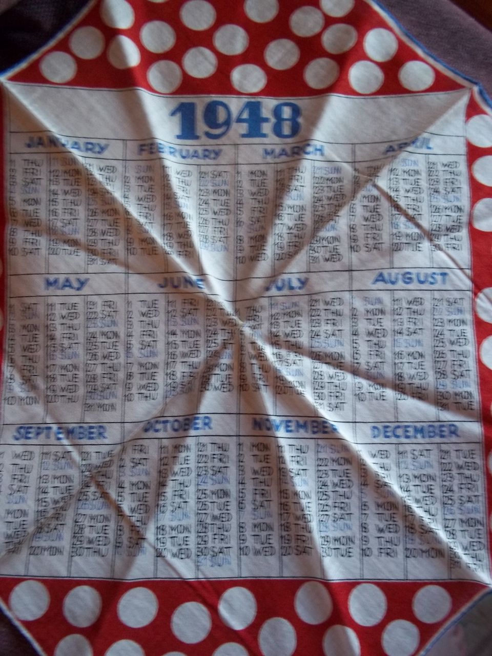 Vintage Handrolled 1948 Calender Handkerchief / Hankie Vintage Handrolled 1948 Calender Handkerchief / Hankie
