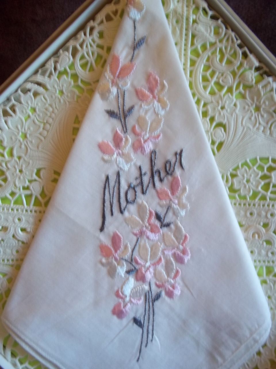 Embroidered 'Mother' Floral Pattern Handkerchief / Hankie Embroidered 'Mother' Floral Pattern Handkerchief / Hankie