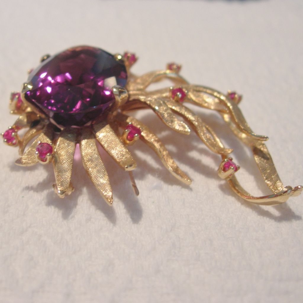 Incredible 14kt Gold Amethyst and Ruby Brooch & Earring Set Incredible 14kt Gold Amethyst and Ruby Brooch & Earring Set