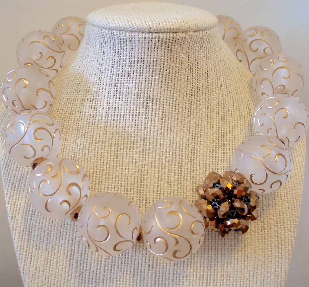 Clear Matte Lucite and Gold Crystal Bold Artisan Necklace Clear Matte Lucite and Gold Crystal Bold Artisan Necklace
