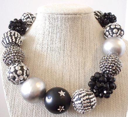 Black White and Silver Artisan Collage Necklace Big and Bold Black White and Silver Artisan Collage Necklace Big and Bold