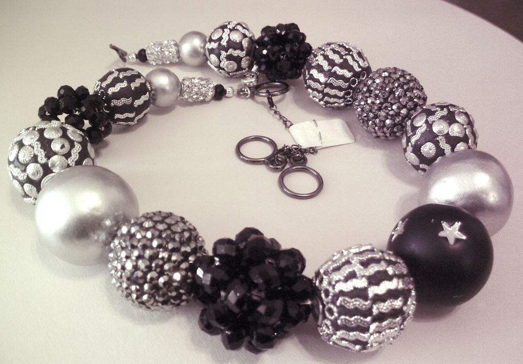 Black White and Silver Artisan Collage Necklace Big and Bold Black White and Silver Artisan Collage Necklace Big and Bold