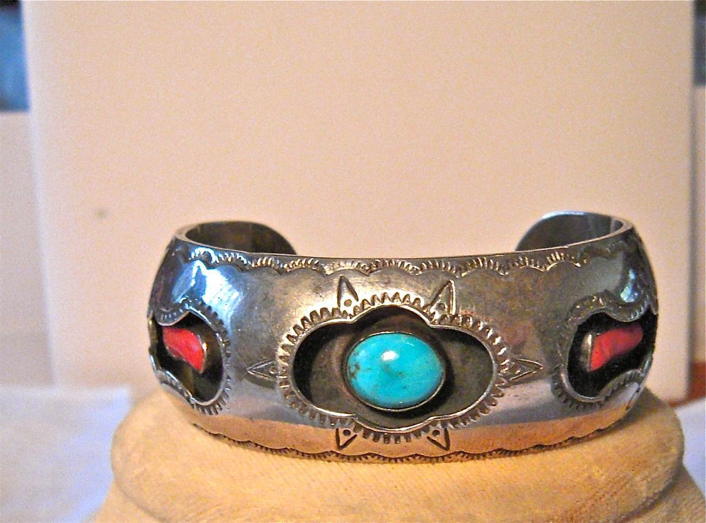 Lovely turquoise & coral shadow box setting, sterling silver bracelet, Native American pre 1980's Lovely turquoise & coral shadow box setting, sterling silver bracelet, Native American pre 1980's
