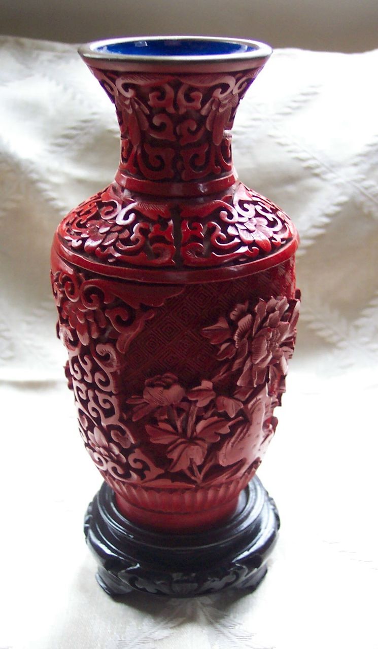 7 Inch Chinese Cinnabar Vase with Stand - Old 7 Inch Chinese Cinnabar Vase with Stand - Old