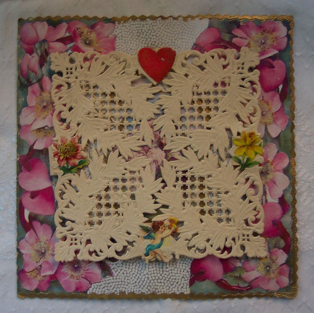 3 D Valentine with Lace, Cupid and Flowers 3 D Valentine with Lace, Cupid and Flowers