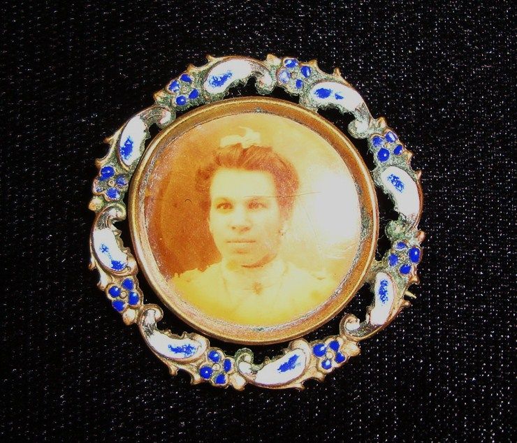 Vintage Enameled Portrait Brooch of Young Lady; circa 1900 Vintage Enameled Portrait Brooch of Young Lady; circa 1900