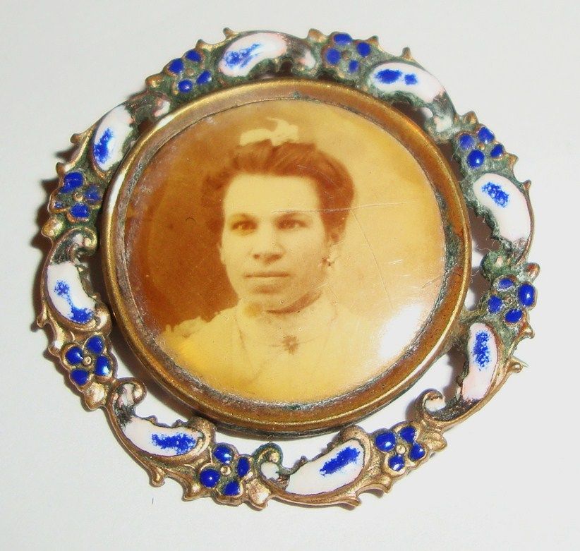 Vintage Enameled Portrait Brooch of Young Lady; circa 1900 Vintage Enameled Portrait Brooch of Young Lady; circa 1900