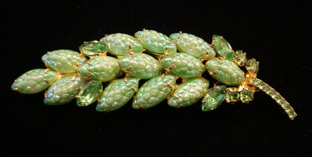 Intriguing Molded Glass and Rhinestone Brooch in Goldtone Intriguing Molded Glass and Rhinestone Brooch in Goldtone