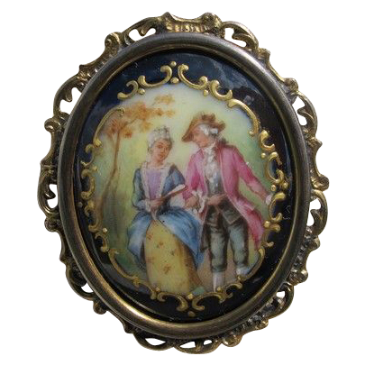 Antique Enamel brooch depicting a courting couple, set in gilded silver mounting Antique Enamel brooch depicting a courting couple, set in gilded silver mounting