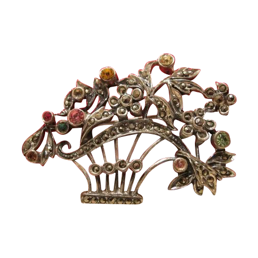 Antique silver brooch in the shape of a flower basket, 19th century Antique silver brooch in the shape of a flower basket, 19th century