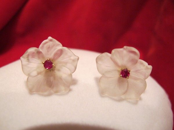 Pair of frosted rock crystal and Ruby studs, eighteen karat yellow gold Pair of frosted rock crystal and Ruby studs, eighteen karat yellow gold