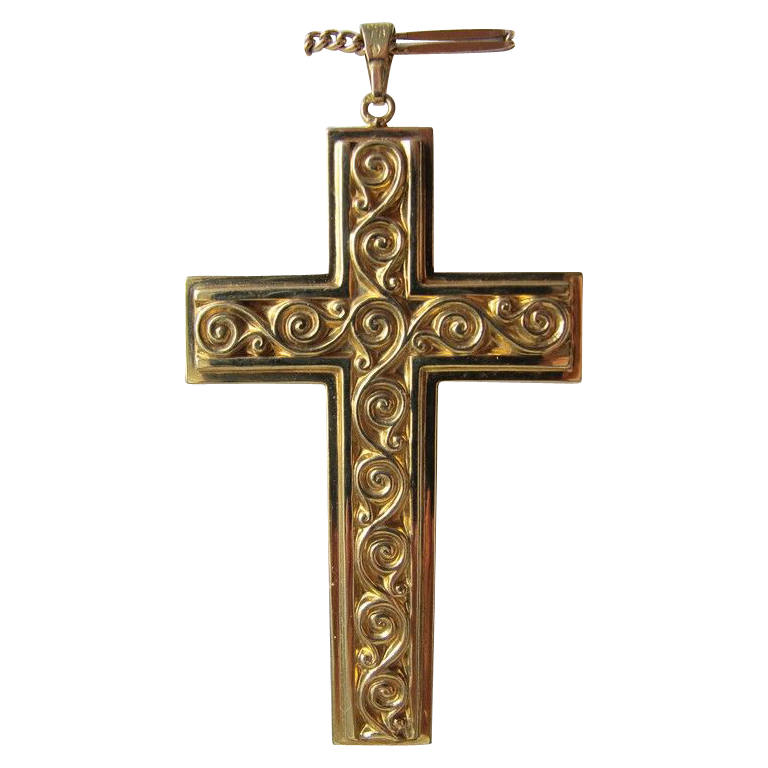 Fourteen karat yellow gold cross with c- scroll adornment on both sides Fourteen karat yellow gold cross with c- scroll adornment on both sides