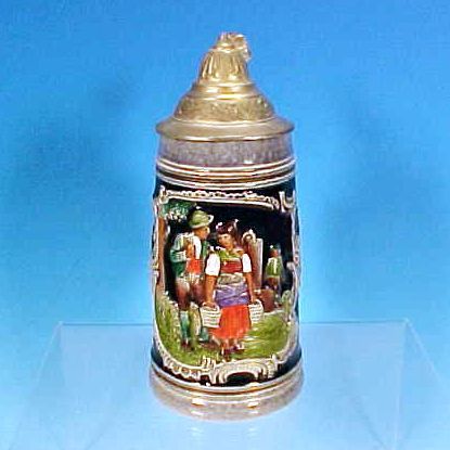 Vintage THEWALT Lidded German Beer Stein Cobalt Blue Salt Glaze Tyrolean Couple 1/4L Vintage THEWALT Lidded German Beer Stein Cobalt Blue Salt Glaze Tyrolean Couple 1/4L