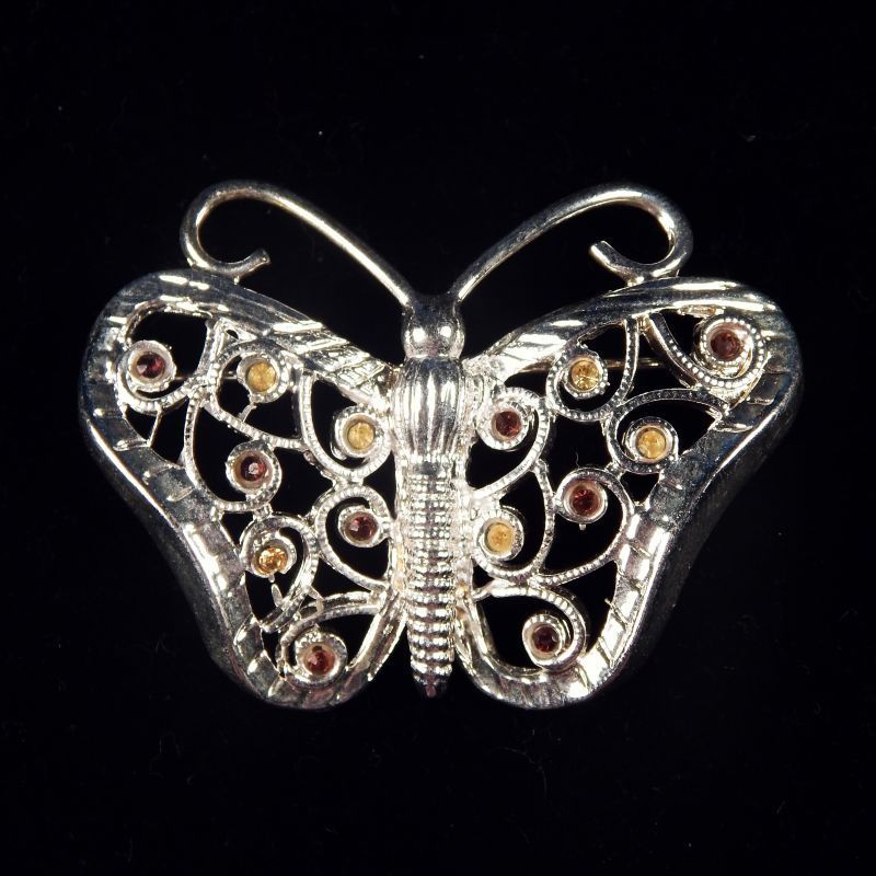 Rhodium Silver & Color Rhinestone Filigree FIGURAL BUTTERFLY Brooch Pin Rhodium Silver & Color Rhinestone Filigree FIGURAL BUTTERFLY Brooch Pin
