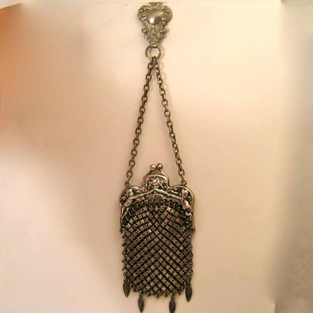 Antique German Silver Purse Chatelaine with Cherubs & Medieval Face Antique German Silver Purse Chatelaine with Cherubs & Medieval Face