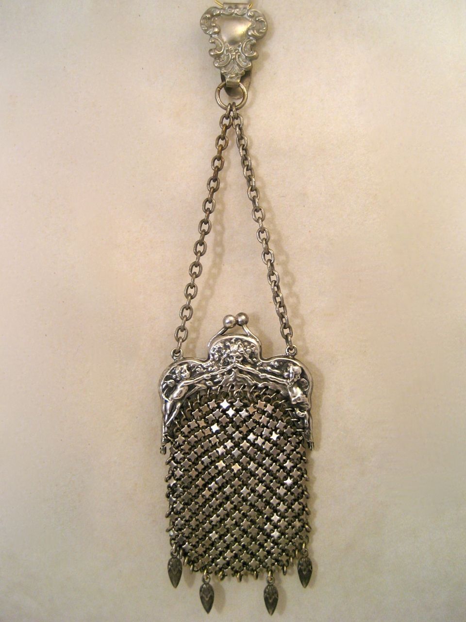 Antique German Silver Purse Chatelaine with Cherubs & Medieval Face Antique German Silver Purse Chatelaine with Cherubs & Medieval Face