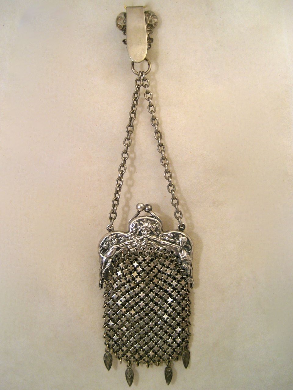 Antique German Silver Purse Chatelaine with Cherubs & Medieval Face Antique German Silver Purse Chatelaine with Cherubs & Medieval Face