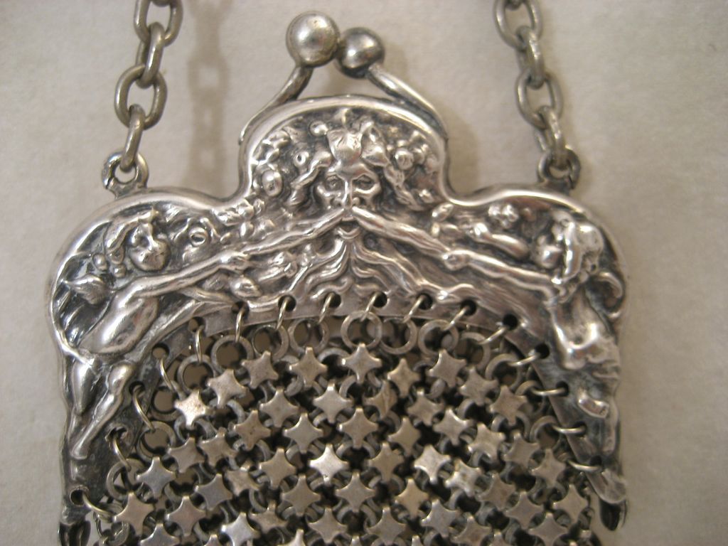 Antique German Silver Purse Chatelaine with Cherubs & Medieval Face Antique German Silver Purse Chatelaine with Cherubs & Medieval Face