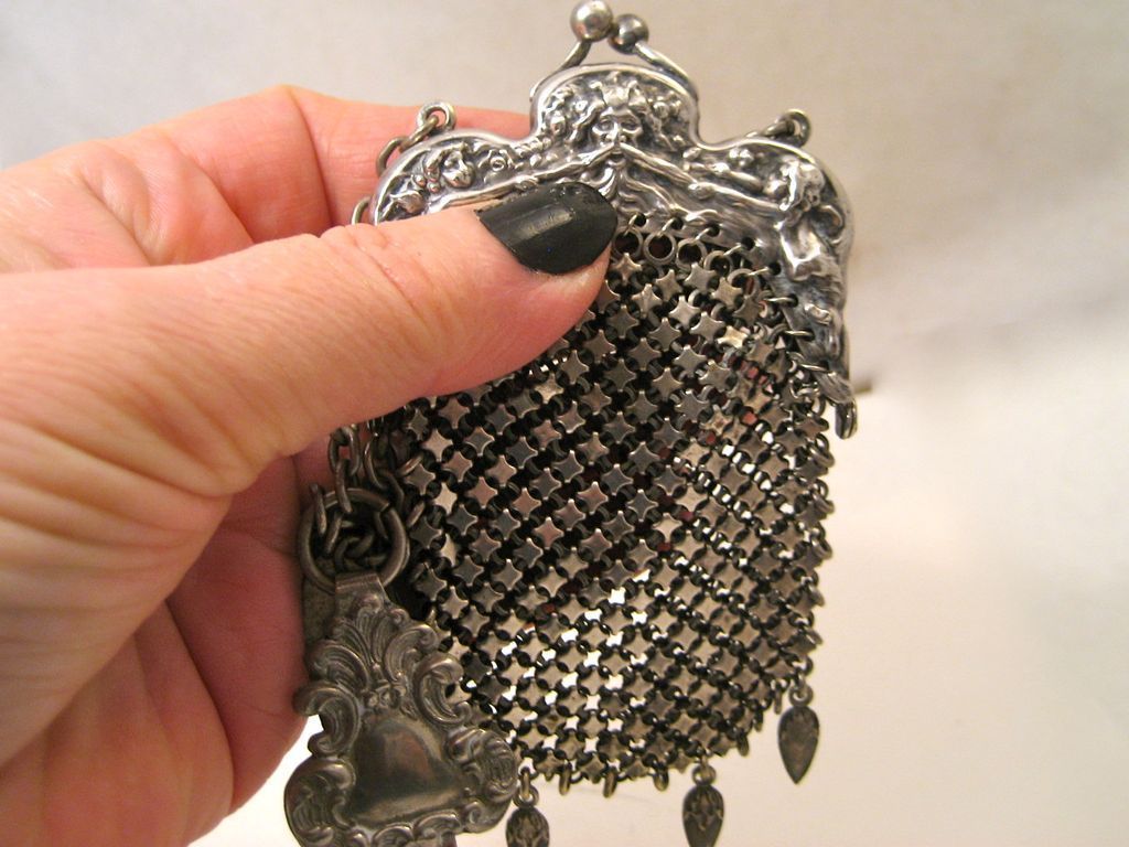 Antique German Silver Purse Chatelaine with Cherubs & Medieval Face Antique German Silver Purse Chatelaine with Cherubs & Medieval Face