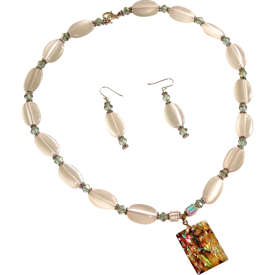 Necklace & Earrings, White Optic Oval Beads, Swarovski Crystals, and Sterling Clasp Necklace & Earrings, White Optic Oval Beads, Swarovski Crystals, and Sterling Clasp