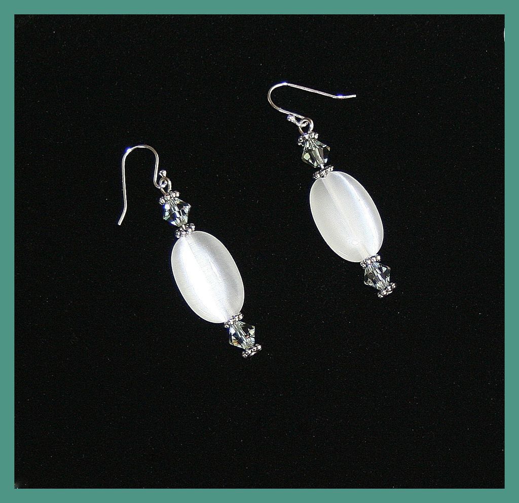 Necklace & Earrings, White Optic Oval Beads, Swarovski Crystals, and Sterling Clasp Necklace & Earrings, White Optic Oval Beads, Swarovski Crystals, and Sterling Clasp